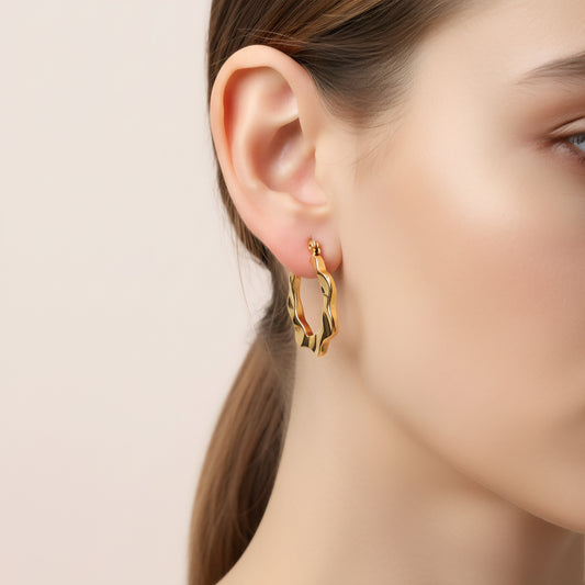 Golden Wavy Hoops Earrings